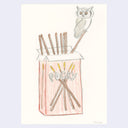 Illustration of a Pocky box with sticks and an owl on a light purple background