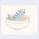Illustration of a cat creature that is part Godzilla, standing in a bowl of soup.
