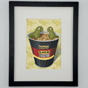 A stylized illustration of a cup of instant noodle soup with two green dinosaur characters sitting in the bowl and eating noodles, set against a pale yellow background with repeated dinosaur silhouettes. The cup label reads 'Premium Noodle Soup' and 'SHIN DINO'.