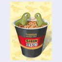 A stylized illustration of a cup of instant noodle soup with two green dinosaur characters sitting in the bowl and eating noodles, set against a pale yellow background with repeated dinosaur silhouettes. The cup label reads 'Premium Noodle Soup' and 'SHIN DINO'.
