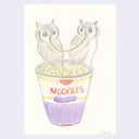 Illustration of two owls holding a shared noodle in their beaks, sitting on a cup of noodles on a light purple background