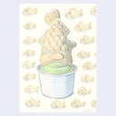 Illustration of a soft serve matcha cup with a pastry taiyaki sitting atop it.