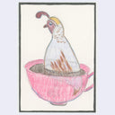 A hand-drawn colored pencil illustration of a pink teacup with a plumeria-shaped glass insert and a bird perched inside, framed by a thin dark border on an off-white background.