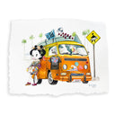 Illustration of a cartoon character in traditional Japanese attire but modern sneakers, leaned up against a VW Bus with many surfboards stacked atop it and stickers of surfing themed imagery.