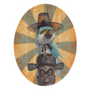 Painting on oval shaped panel of a blue bird perched atop of a wooden tiki tower, it wears a semi transparent hat of nobility.