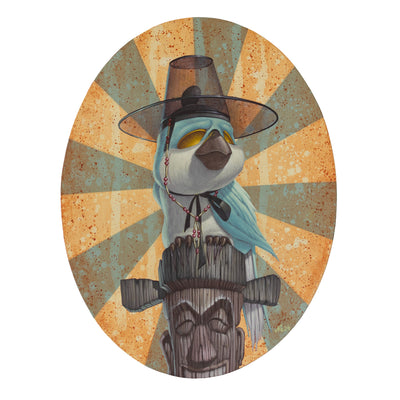 Painting on oval shaped panel of a blue bird perched atop of a wooden tiki tower, it wears a semi transparent hat of nobility.