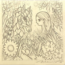 Graphite sketch of a woman in a lush forest setting facing a dragon of sorts with florals all around her.