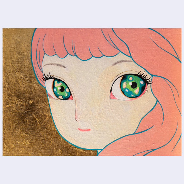 Illustration of a close up of a character with pink hair and green eyes, looking back over her shoulder on a gold background. 