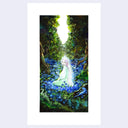 A vertical artwork of a white-haired elf, in a flowing pale green dress sitting among dense blue flowers under a dark green forest canopy, centered on a white paper against a light gray background.