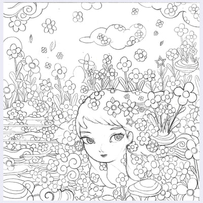 Pencil sketch of a woman, seen only from the neck up. She is surrounded by florals and some clouds.