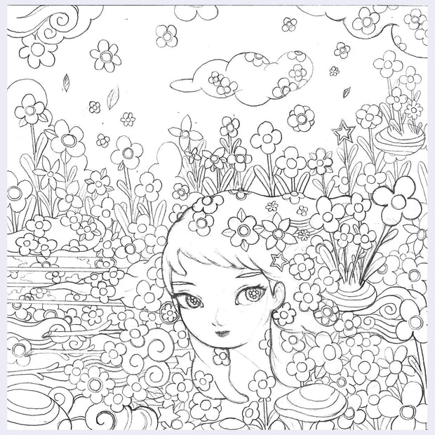 Pencil sketch of a woman, seen only from the neck up. She is surrounded by florals and some clouds.