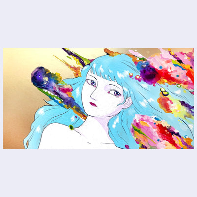 Painting of a woman with white skin and teal blue hair, resting on her back and seen only from the shoulders up. She is surrounded by paint splatters.