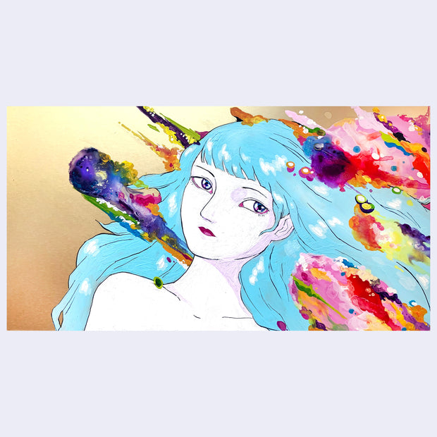Painting of a woman with white skin and teal blue hair, resting on her back and seen only from the shoulders up. She is surrounded by paint splatters.