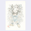 Ink and watercolor illustration on cream colored paper of a girl being splashed back into water, atop her head is a dog and many small, cute dog characters.