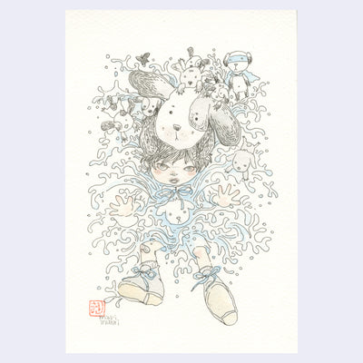 Ink and watercolor illustration on cream colored paper of a girl being splashed back into water, atop her head is a dog and many small, cute dog characters.