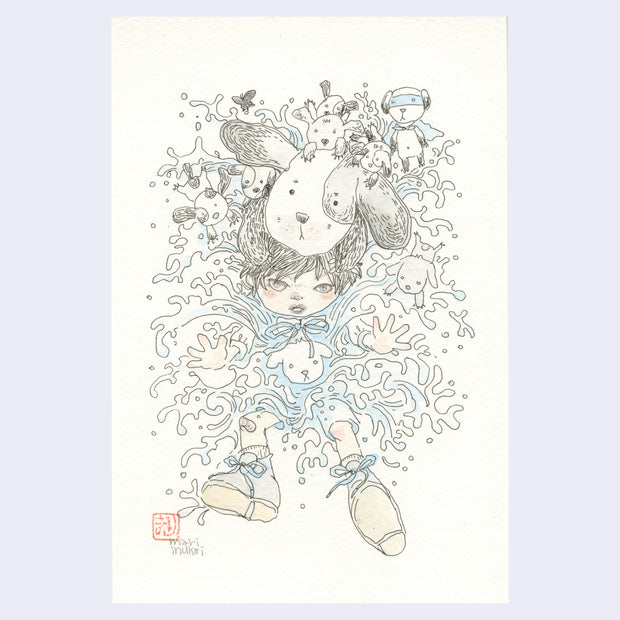 Ink and watercolor illustration on cream colored paper of a girl being splashed back into water, atop her head is a dog and many small, cute dog characters.