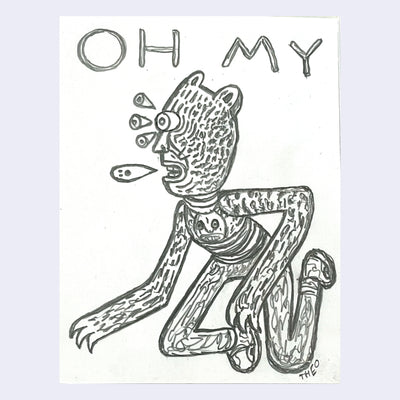 Graphite sketch of a person wearing a full body and head suit that looks like a bear. Text above reads "OH MY."