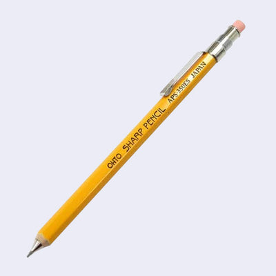 Mechanical pencil with a yellow body and a pink eraser, made to look like a standard wooden pencil.