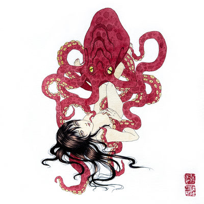 Ink and watercolor illustration of a woman with long dark brown hair, laying on the ground. Her hair is splayed out and she is nude. Wrapped around her legs is a very large red octopus, with its tentacles interweaved around her body and hair.