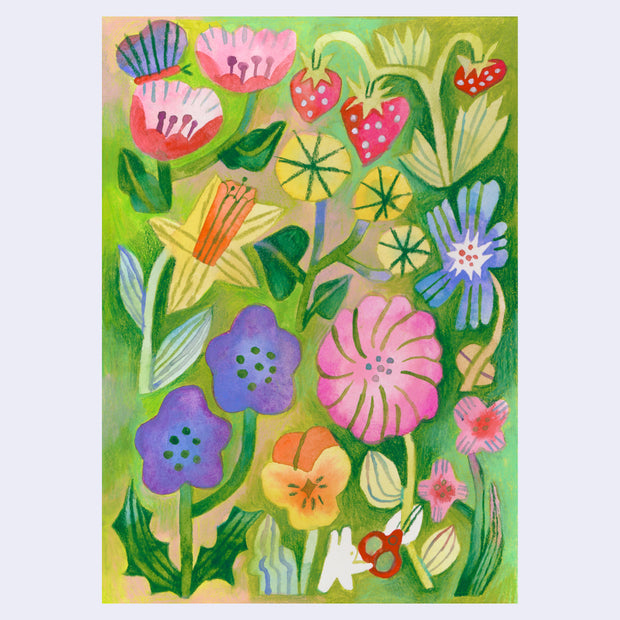 Colorful illustration of flowers and strawberries on a green background