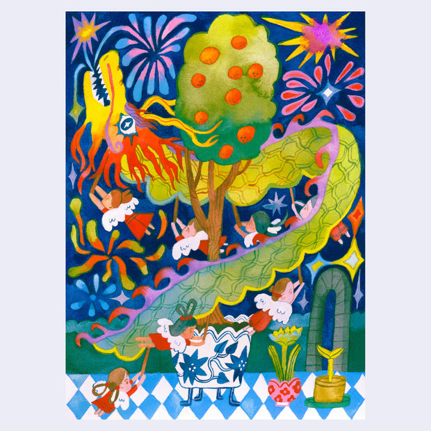 Colorful painting of a green dragon with sparkly eyes, flying around a blooming orange tree. Several small girls with angel wings hold onto poles that hold up the dragon. Fireworks go off in the background.