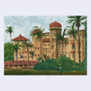 A watercolor-style painting of a large Mediterranean or Spanish Colonial-style building with red-tiled roofs, surrounded by tall palm trees and green shrubs under a pale blue sky.