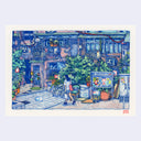 A watercolor illustration of a narrow street scene with vintage buildings, greenery, and a person walking, presented on a light gray background.