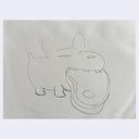 Pen line art illustration of a dog with a large cartoon steak in its mouth.