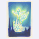 Artistic depiction of glowing figures in a mystical landscape with a blue and green color scheme.