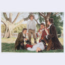 Painting based on a film still from Barry Lyndon of a group of men dressed in 18th century clothing, kneeling over a man who lays slack on the ground.