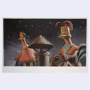 Painting based on a film still from Chicken Run of the 2 main characters Ginger and Rocky standing on a roof during a dark starry night.