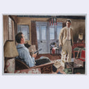 Painting based on a film still from Dr No of a man standing in a living room while another man with a gun sits in a chair and points it at him.