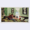 Painting based on a film still from Paris Texas of a man sitting on a bed in likely a hotel room, talking to a person resting in the other hotel bed.