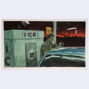 Painting based on a film still from Paris Texas of a man standing at a gas station at night, in front of a Ice Refrigerator and sipping a cup while reading a book atop his car.