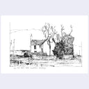A black and white ink sketch of a rural house, trees, and a field, with handwritten text at the bottom.