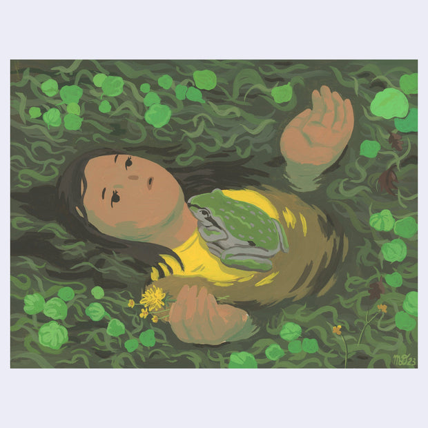 Painting of a tan girl floating in swampy water, with many green plants and leaves floating around her. Her head and hands are above water, with her body submerged. A large green toad rests on her chest. 