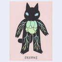 Black cartoon cat with its organs visible within it, standing on its hind legs against a pink background.