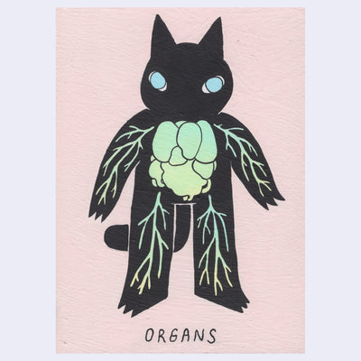 Black cartoon cat with its organs visible within it, standing on its hind legs against a pink background.