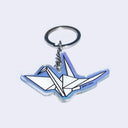 Die cut holographic keychain with an illustration of a white paper crane on it. "Giant Robot" is written in small black font in bottom right.
