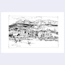 A black and white hand-drawn ink sketch of a mountain village scene, featuring houses, utility poles, and a mountain range in the background, presented on a white square card against a light gray background.
