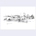 A black ink sketch of a rural village or farm scene with houses, barns, poles, and trees, presented on a white square field against a pale lavender-gray background.