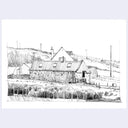 A black and white hand-drawn sketch of a rural farm scene featuring a barn, silos, and rolling hills, presented on a white square card against a light gray background.