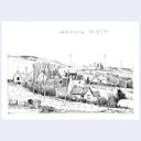A black and white hand-drawn landscape sketch of a rural village with houses, trees, and utility poles, with the handwritten text at the top, shown on a white paper background with a light gray border.
