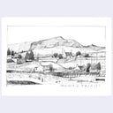 A black and white hand-drawn sketch of a rural landscape with houses, trees, fields, and a mountain in the background, presented on a white sheet with a light gray border.