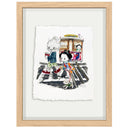 Illustration of cartoon characters in traditional Japanese attire but modern sneakers, walking across a street with a trolley car in the background.