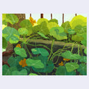 Plein air style painting of planter box with many leaves of a vined plant and small orange flowers.