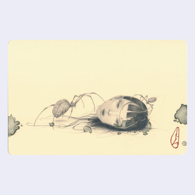 Illustration on cream colored paper of a woman's head on the ground with spiders crawling over it.