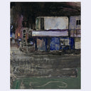 An abstract expressionist painting depicting a street or building scene at night, featuring dark, textured brushstrokes in black, gray, green, blue, and purple.