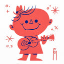 A minimalist illustration of a smiling red cartoon character with blue linework, holding a small red instrument, on a white background with scattered red and blue decorative marks.