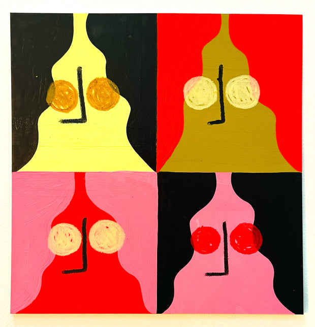 Somewhat abstract color block style illustration, divided into 4 quadrants. Each quadrant has an abstract face with crayon circle eyes and L shaped noses. Colors are: yellow, red, pink and black.